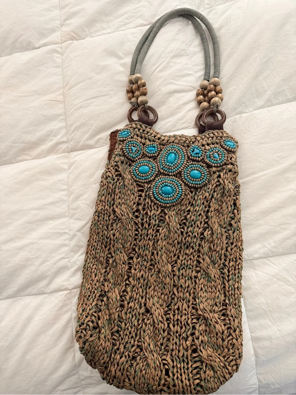 Chico's Brown Handwoven Satchel with Turquoise Bead Accents